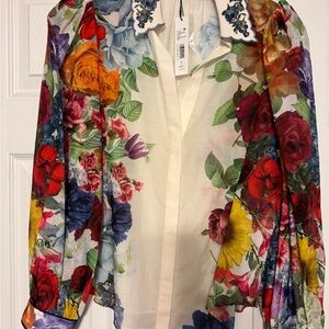 Alice + Olivia Floral Blouse with Embroidered Collar